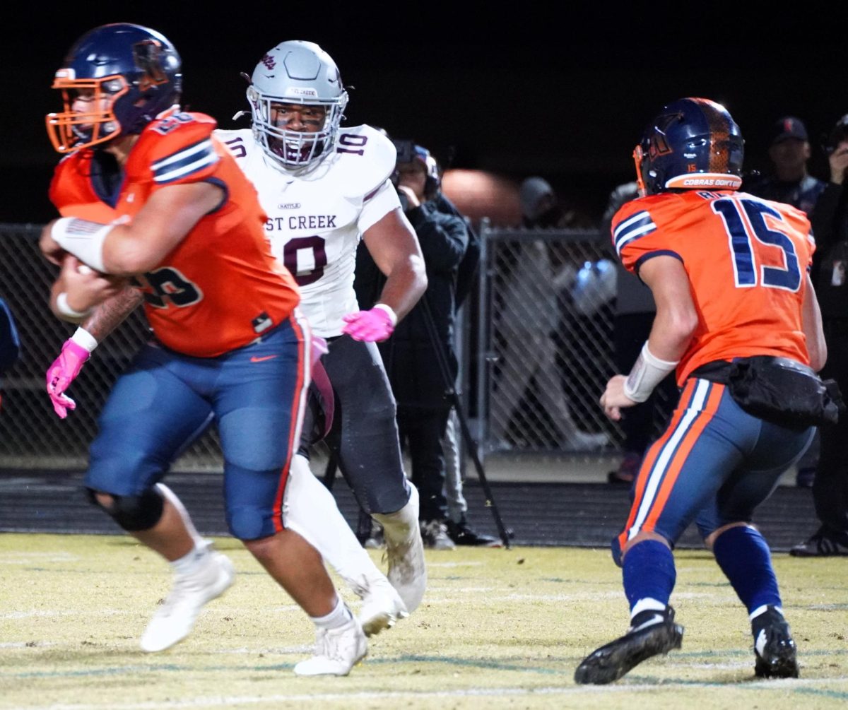 With his eyes on the Kirkwood quarterback, Jaylen Jackson (#10) chases him to get the tackle on Nov. 1, 2024.