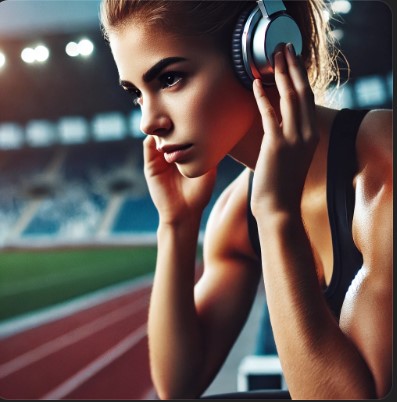 Image created using artificial intelligence, ChatGPT, "Focused athlete wearing headphones, preparing for competition."